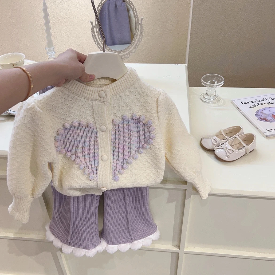 

Soft Warm Girls Clothing Sets Heart Pattern One Breasted Knitted Cardigan+High Waist Fleece Purple Pants Two Pieces Clothes Suit