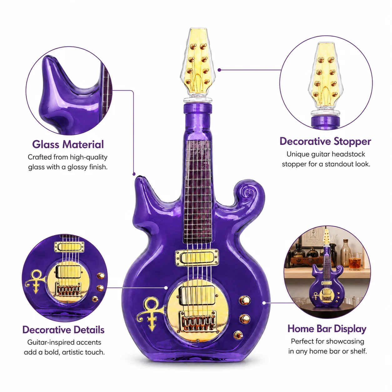 Prince Symbol Electric Guitar Art Glass Bottle, Purple Rain Purple Guitar Styling Decorative Ornament Wine Bottle