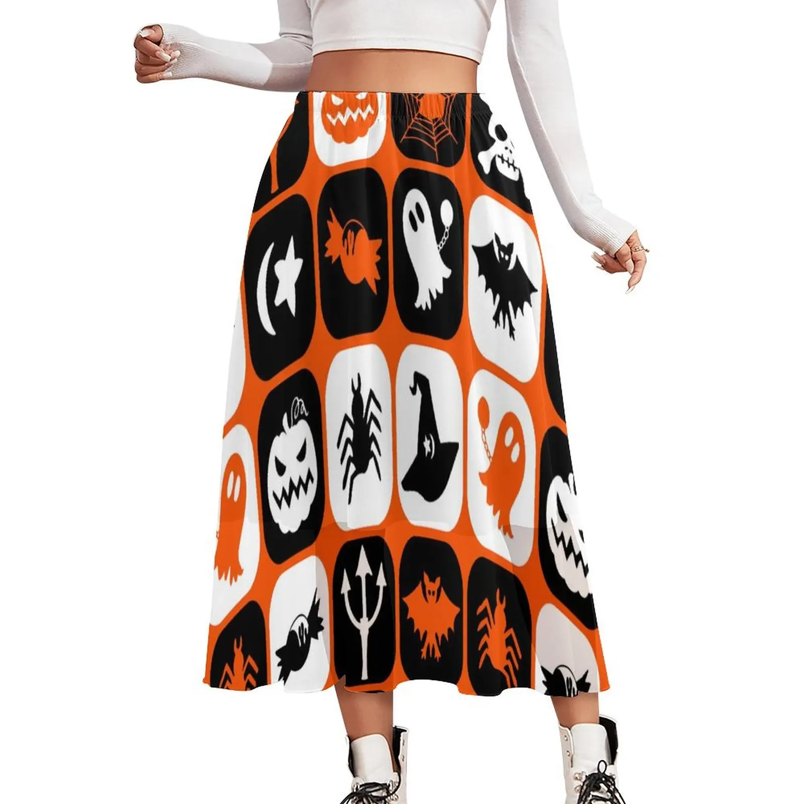 Happy Haunts Bat Chiffon Skirt Halloween Icons Street Fashion Long Skirts Women Vintage Boho Skirt Graphic Bottoms Gift