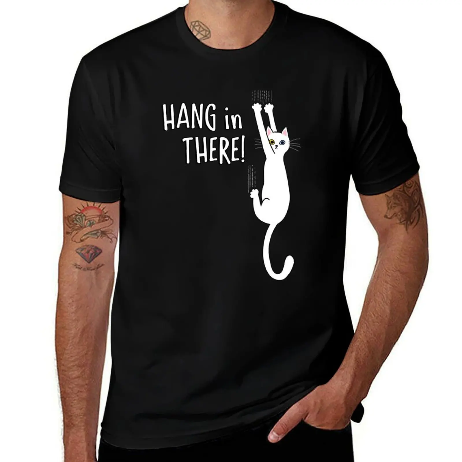 White Cat Holding on with Claws - Hang in There! T-Shirt Fitness Training Breathable Tee T-Shirt