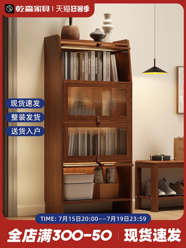 Solid wood bookcase dust-proof with glass door bookshelf shelf floor-to-ceiling children's household storage locke