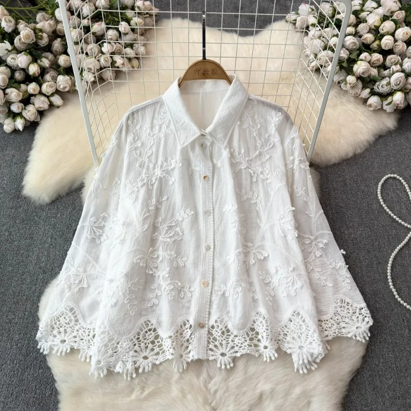 

Embroidery Stereo Jacquard Gentle Blouses Single-breasted Lace Patchwork Age Reducing Blusas 2024 Spring Autumn New Chic Shirts