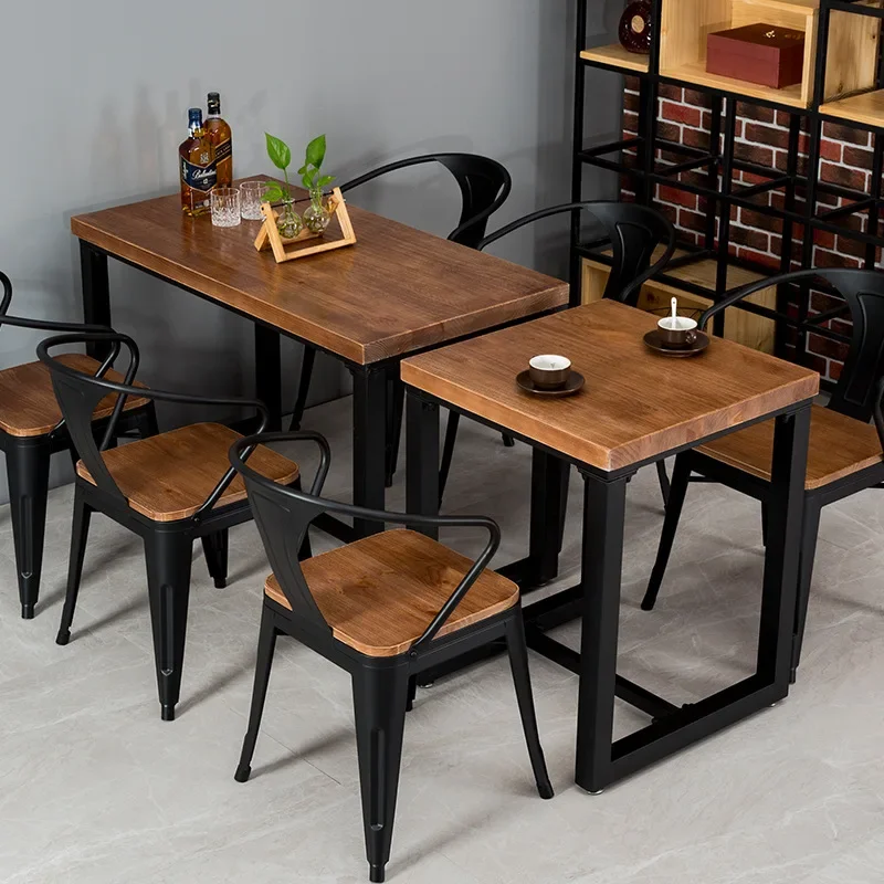 Modern Industrial Style 2-Seat 4-Seat Restaurant Furniture Set Wooden Table with Metal Leg Chairs for Dining Cafe Coffee Shop