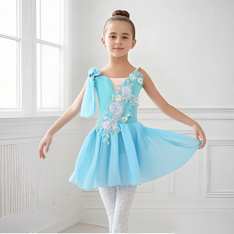 女の子キャミソールノースリーブバレエレオタード子供メッシュバレエドレスバックボウノットダンスボディスーツ子供用ダンス中国風スリングドレス