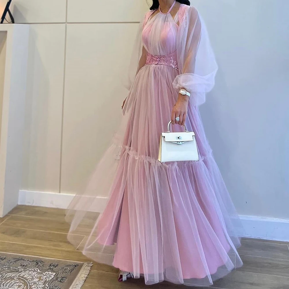 

Customized Exquisite Crystal Off The Shoulder Tulle Evening Dress Fashion A-Line Floor Length Halter 3/4 Sleeves платье вечернее