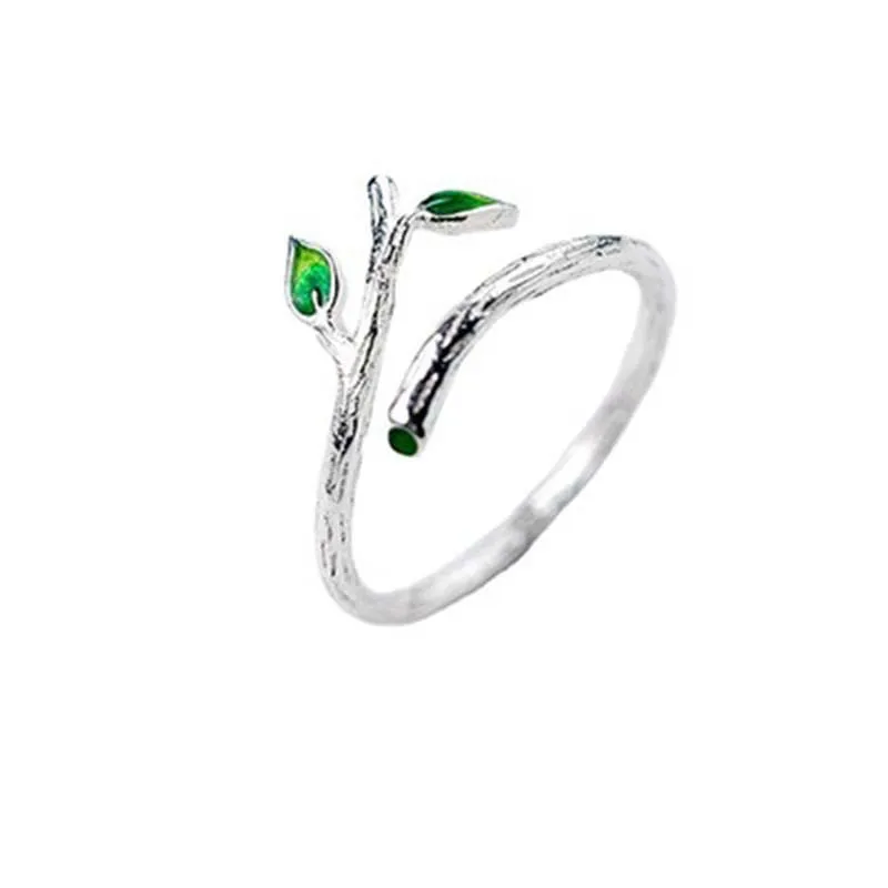 Green Leaves Tree Branch Opening Rings for Women Stainless Steel Leaf Tree Branch Ring Wedding Christmas Aesthetic Jewerly Bff