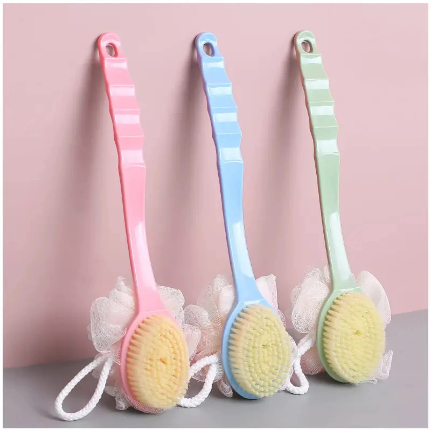 Long Curved Handle Shower Body Brush with Soft Bristles and Exfoliating Loofah, Suitable for Wet or Dry Skin, 1 Piece