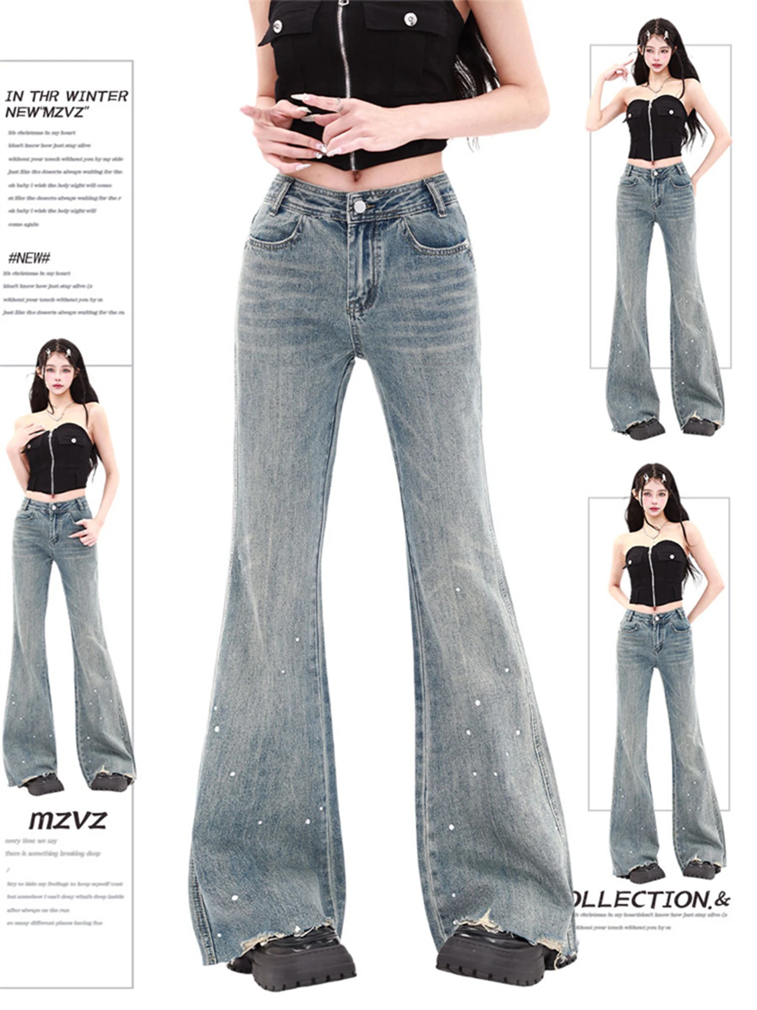 

Women's Blue Y2k Flare Jeans Harajuku Vintage Skinny Denim Trousers Japanese 2000s Style Oversize Wide Jeans Long Pants Clothes