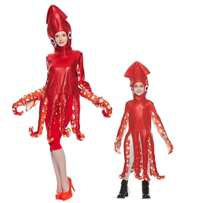 Pourim Funny Family Squid Costume, Red Octopus Sponge Jumpsuits, Halloween Animal Costume, Carnival Dam fur s, Parent and Child