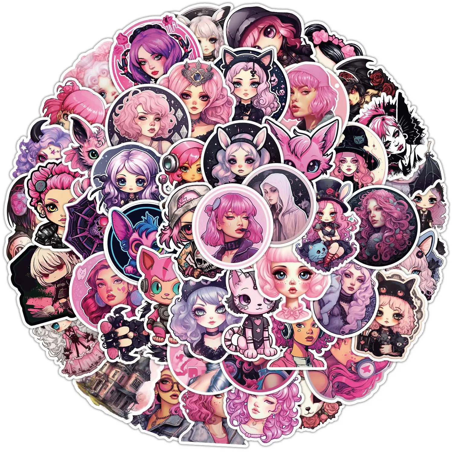 10/30/50PCS Cool Pink Goth Girl Cartoon Sticker DIY Phone Laptop Luggage Skateboard Graffiti Decals Fun for Kid Toy