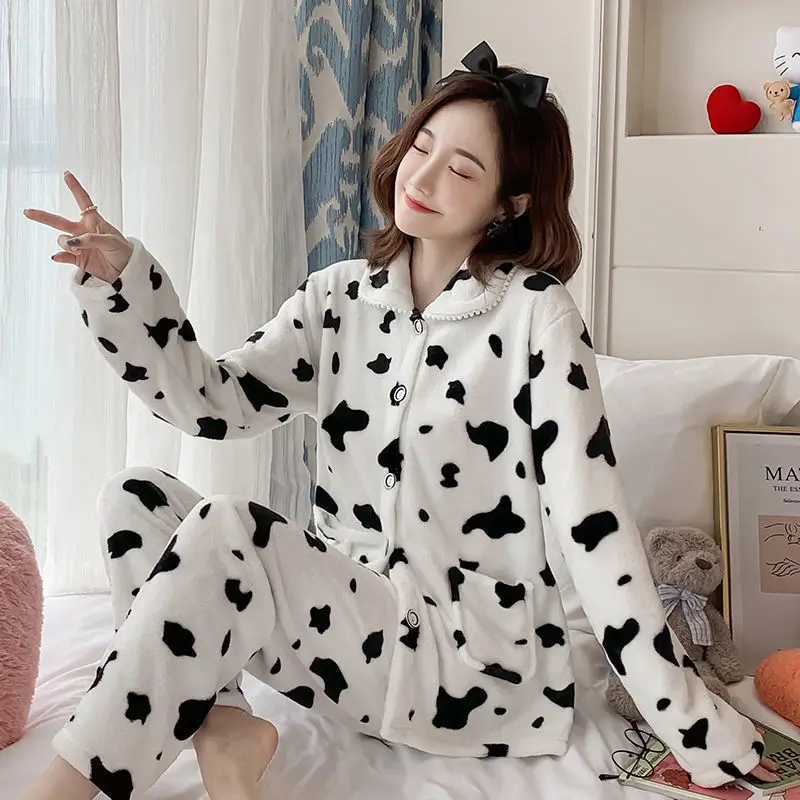 Autumn Winter Flannel Women\'s Pajamas Sets Cartoon Printed Sleepwear Warm Velvet Homewear Set Kawaii Girl Pijamas Mujer Pyjamas