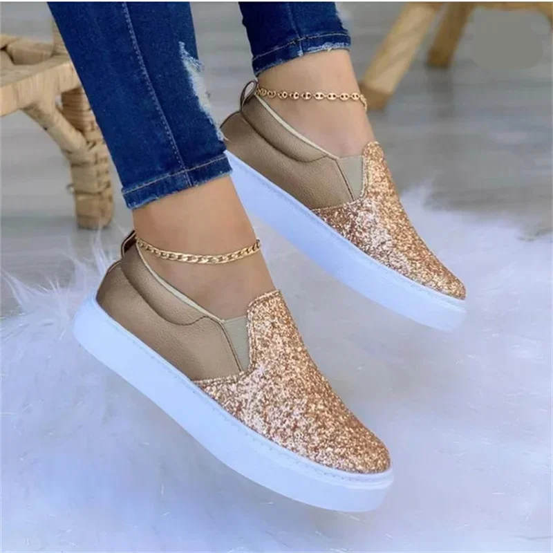 Zapatillas de deporte informales de moda para mujer, zapatos planos con diamantes de imitación, estrella brillante, costura elegante, suela gruesa, plataforma sin cordones, 36-43