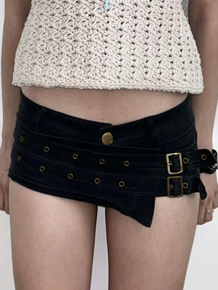 Women Black Gothic Emo Mini Denim Shorts Vintage 2000s Y2k Gyaru Punk Micro Shorts Jeans Low Rise Hot Cowboy Pants Shorts Summer