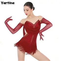 Women Glittery Rhinestone Gymnastics Latin Tango Ballet Dance Leotard Figure Skating Costume Tassel Fringed Bodysuit with Gloves