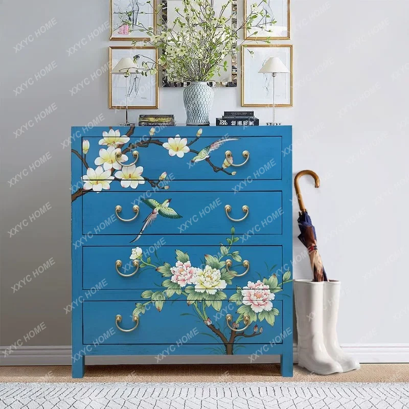 Painted camphor wood four-chest cabinet solid wood cabinet with drawers large-capacity locker simple bedroom furniture