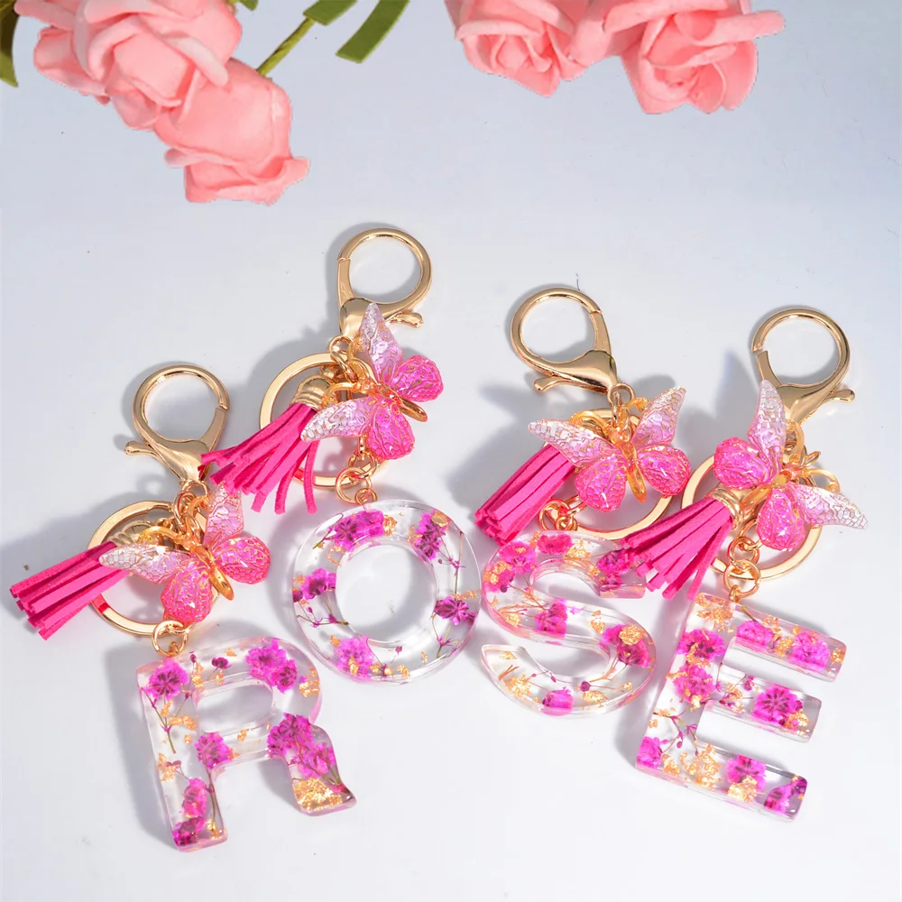 A-Z suszony kwiat brokat 26-literowy brelok modny frędzel motyl początkowa nazwa brelok do kluczy dla kobiet wisiorek do telefonu torebki samochodu