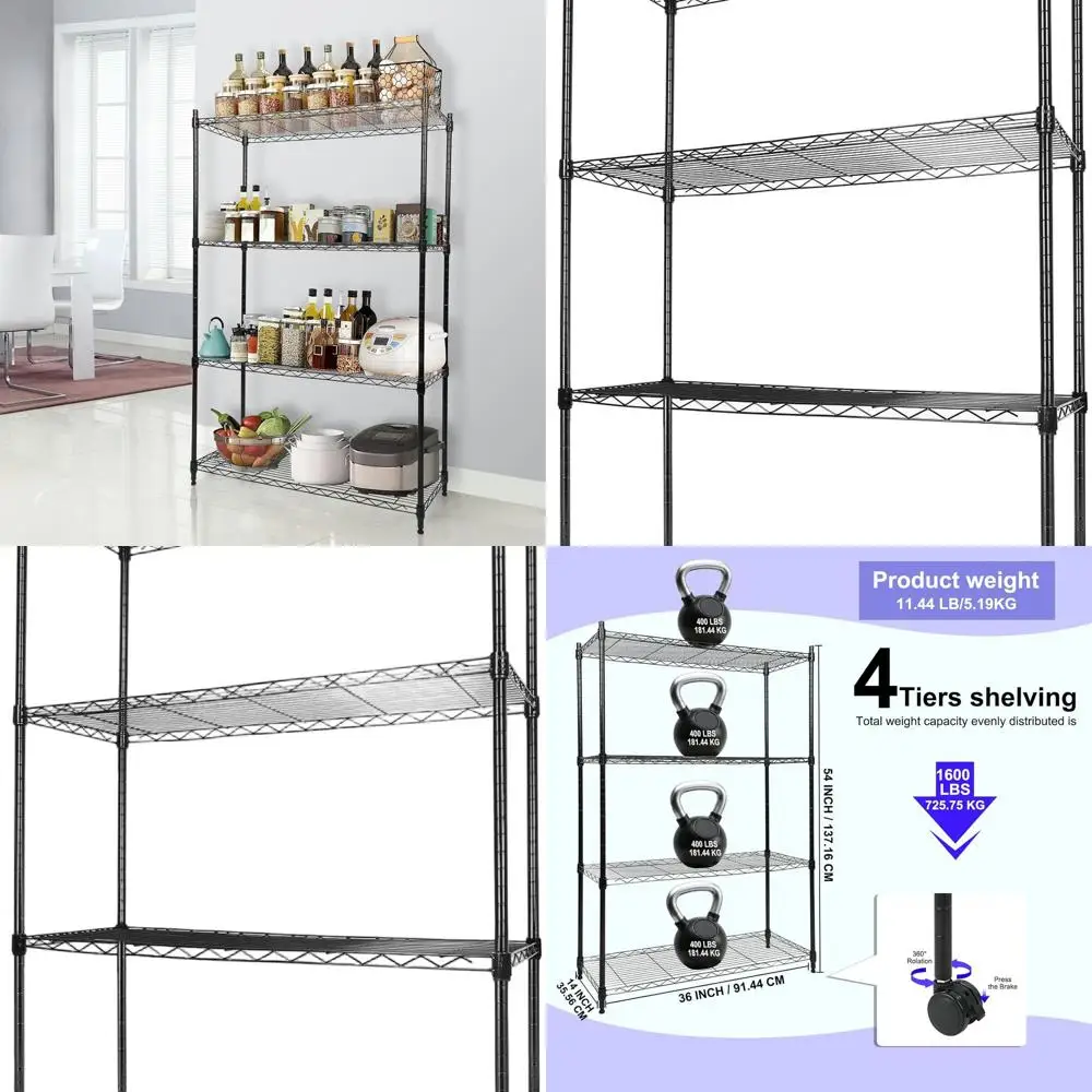

Heavy-Duty Adjustable Steel Shelving with Wheels, 400 lbs Capacity per Shelf, 1600 lbs Total, for Garage, Kitchen, Plants, 36L x