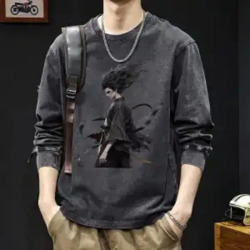 

Мужская футболка с длинными рукавами в стиле ретро, свободный осенний новый топ большого размера