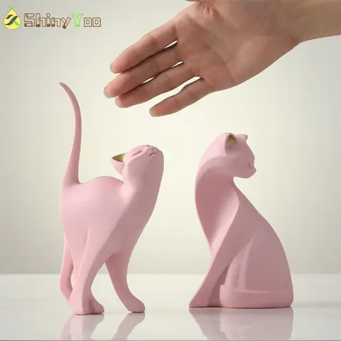 핑크 고양이 동상 기하학적 조각 동물 동상 미술 입상 현대 고양이 동상 홈 오피스 장식을위한 수지 조각