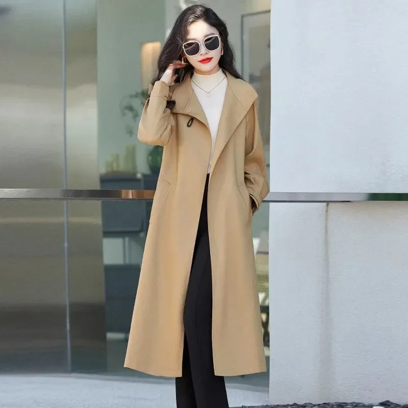 Elegant Office Long Trench Coat Women Stand Collar Metal Toggle Buckle  Tie Belt Split Hem Slim Windproof windbreaker Outerwear