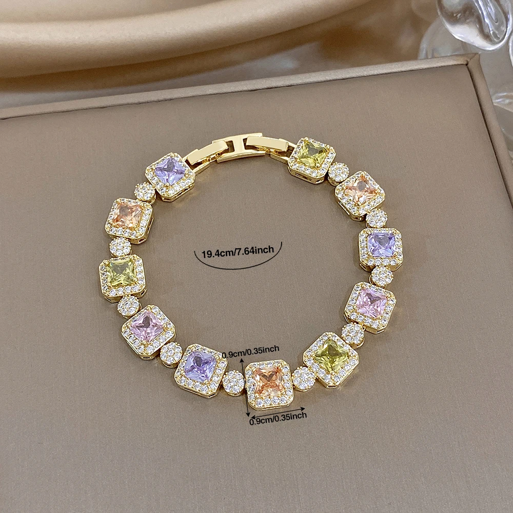 Greatera Damen-Armband aus Kupfer, zierliche, farbenfrohe, quadratische Zirkon-Handkette, Party, trendiger, romantischer, wasserdichter Schmuck – Detail 7