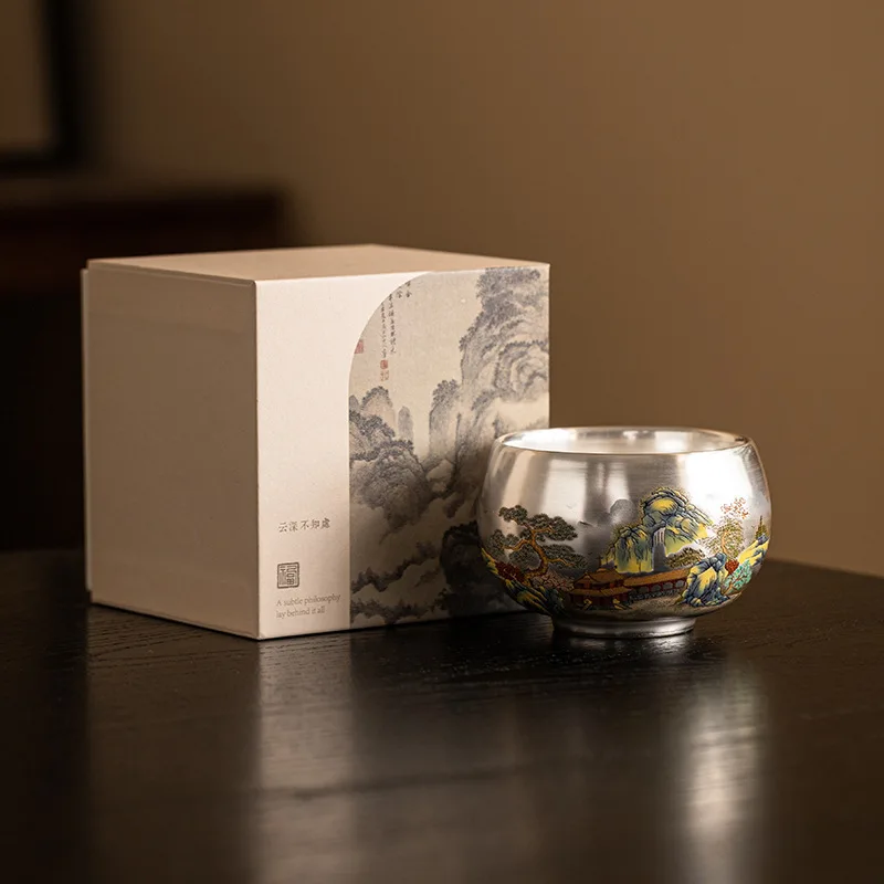 Silver Lined Ceramic Master Tea Cup, Hand Painted Dragon Landscape Lotus Kung Fu Teacup with Luxury Gift Box Tea Set Accessory
