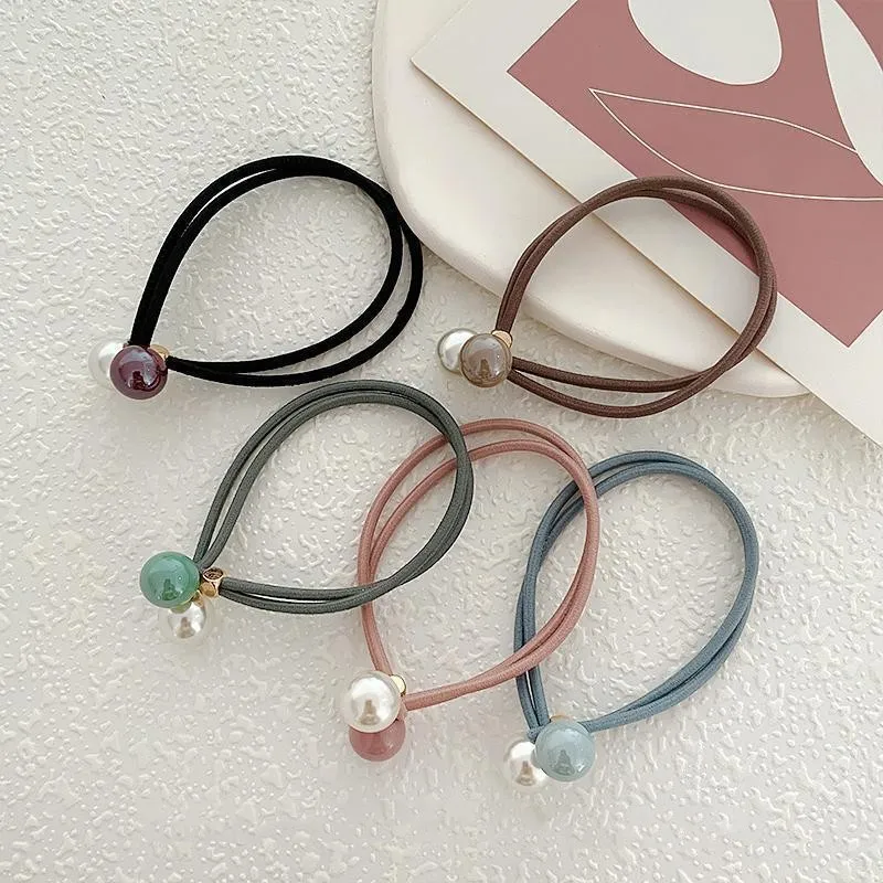 5pcs Fashion Colorful Bead Pearl Elastic Hair Bands Simple Double Layer Knotted Hair Tie Solid Rubber Band Women Ponytail Holder