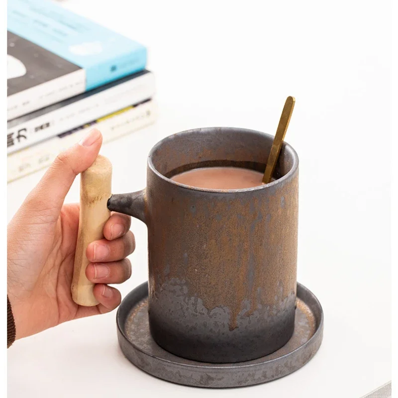 

Japanese Vintage Crude Ceramic Tea Mug Big Capacity 600ml 550ml Coffee Cup Water Mugs with a Wood handle Home Office Drinkware