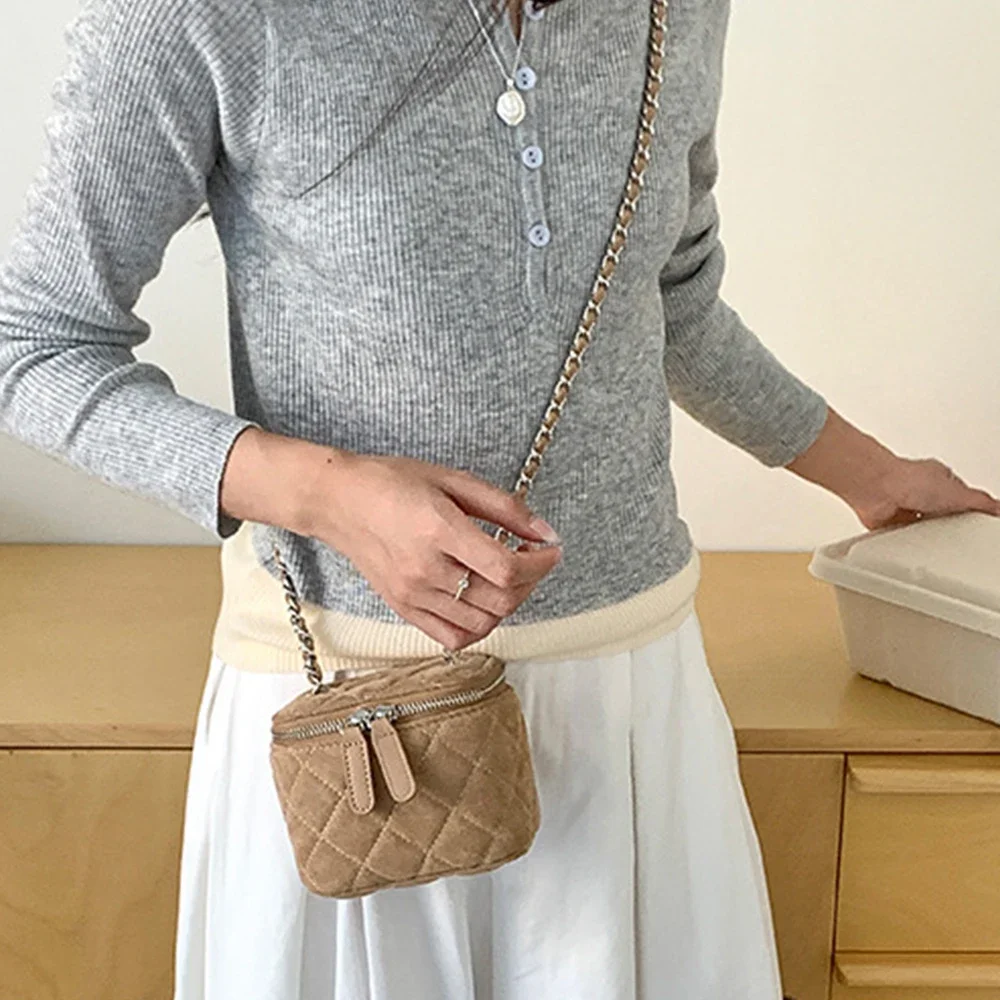 Mini Faux Suede Crossbody Bags for Women 2025 New Luxury Designer Box Bag Lingge Chains Shoulder Bag Lipstick Coins Sling Purse