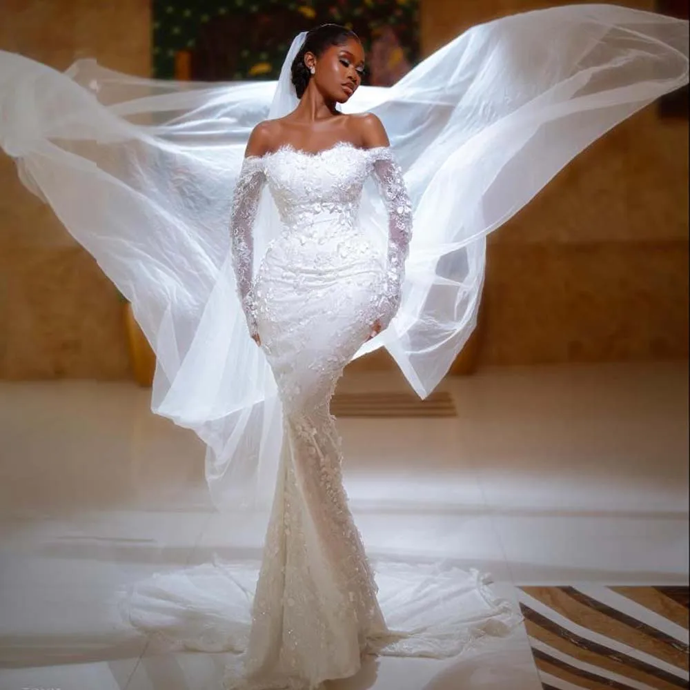 فستان زفاف حورية البحر من الدانتيل مخصص بأكمام طويلة قبالة الكتف فستان زفاف مزين بالزهور ذيل شابيل رداء de mariage #1