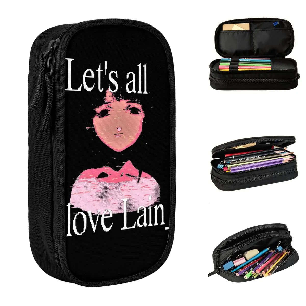 Let's All Love Serial Experiments Lain Pencil Cases Anime Pen Bags Student Large Storage Students School Cosmetic Pencilcases