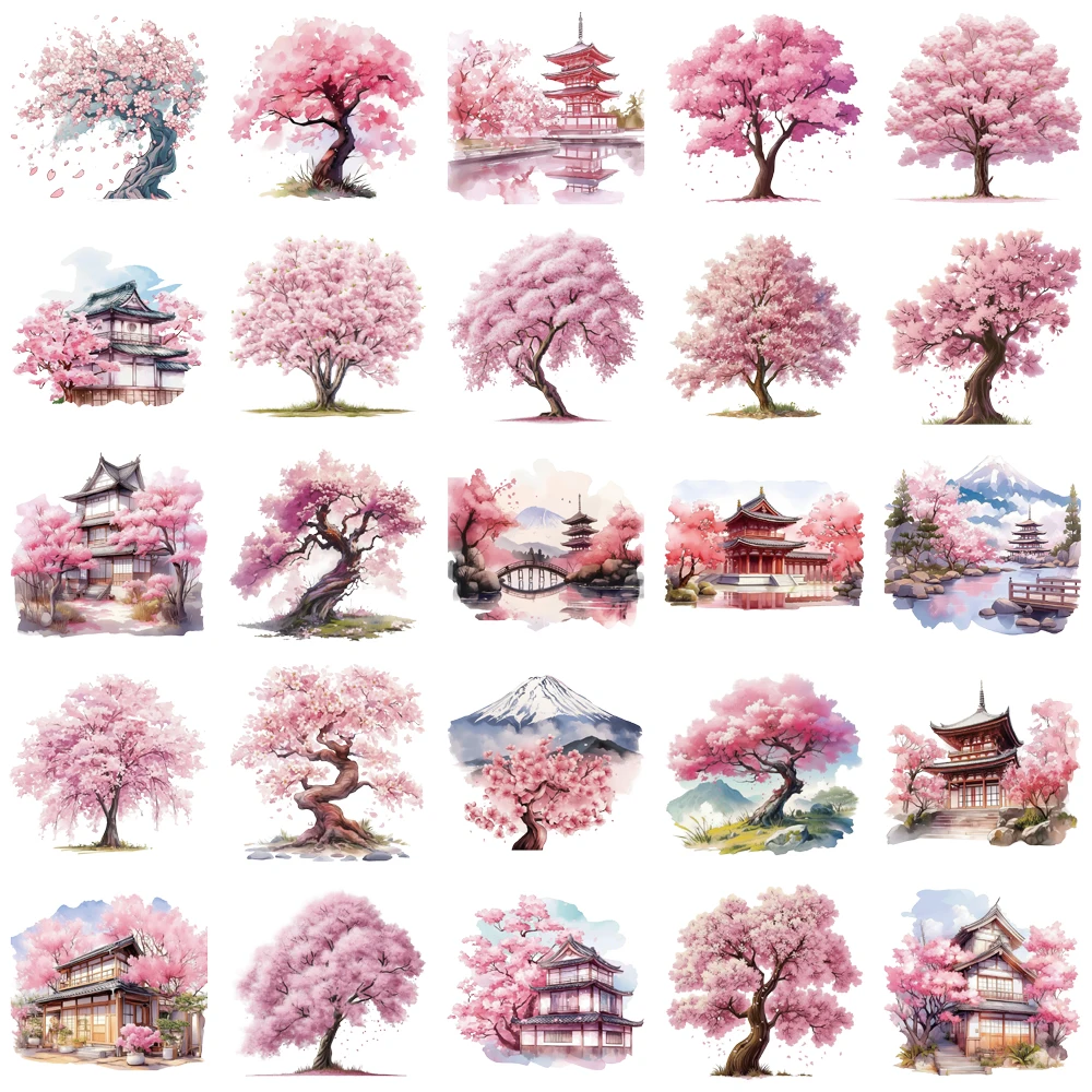 50PCS Creative Watercolor Peach Tree Ins Wind Stickers Phone Case Decoration Notebook PET Transparent Material Stickers