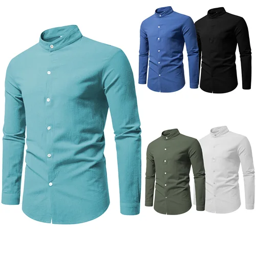Cárdigan de moda de algodón puro para hombre, camisa informal de Color sólido con cuello levantado y manga larga de primavera