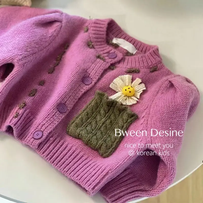 

Baby girl sweater cardigan spring autumn purple children's knitted sweater jacket