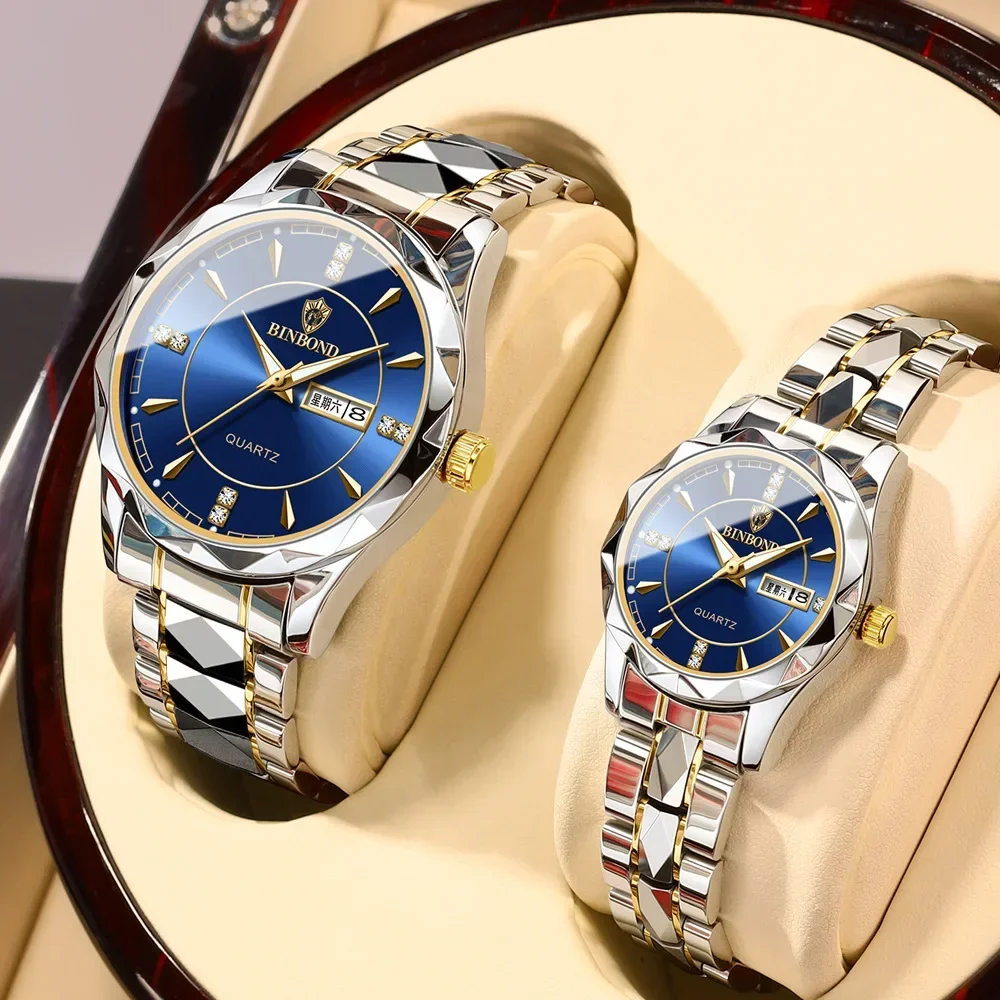 Couple Watch New Rhombus Design Quartz Wristwatch for Men Women Automatic Date Week Stainless Steel Lover's Watch Gifts