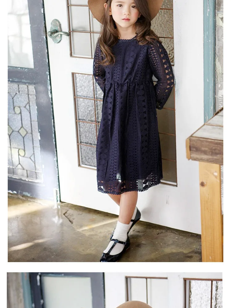 Spring Autumn Girls Lace Dress Long Sleeved Elegant Young Girls Midi Dresses