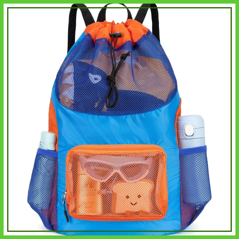 

Mesh Beach Backpack for Boys Lightweight Drawstring Swim Bag for Pool Sports Gym (Blue)