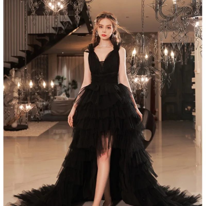 Black Front Short Back Long Trailing Wedding Dress Banquet Stage Show Host