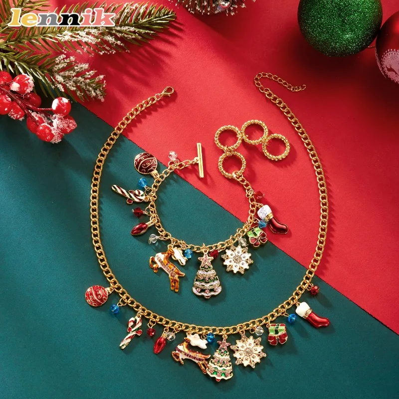 عيد الميلاد سلسلة ذهبية ندفة الثلج الرنة ثلج قلادة سوار مجموعة، عبر الحدود متعددة الإكسسوارات والمجوهرات سوار مجموعة