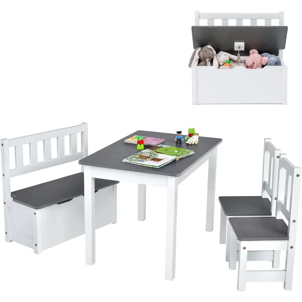 2 in 1 Kids Table and Chair Set, Wood Activity Table with Toy Storage Bench & 2 Chairs for Children Reading, Arts, Crafts