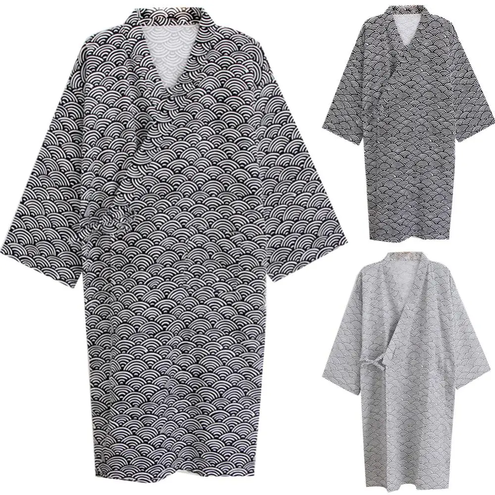 Men Fashion Printing Kimono Robe Sleepwear Nightgown Loose Mid Length Bathrobe