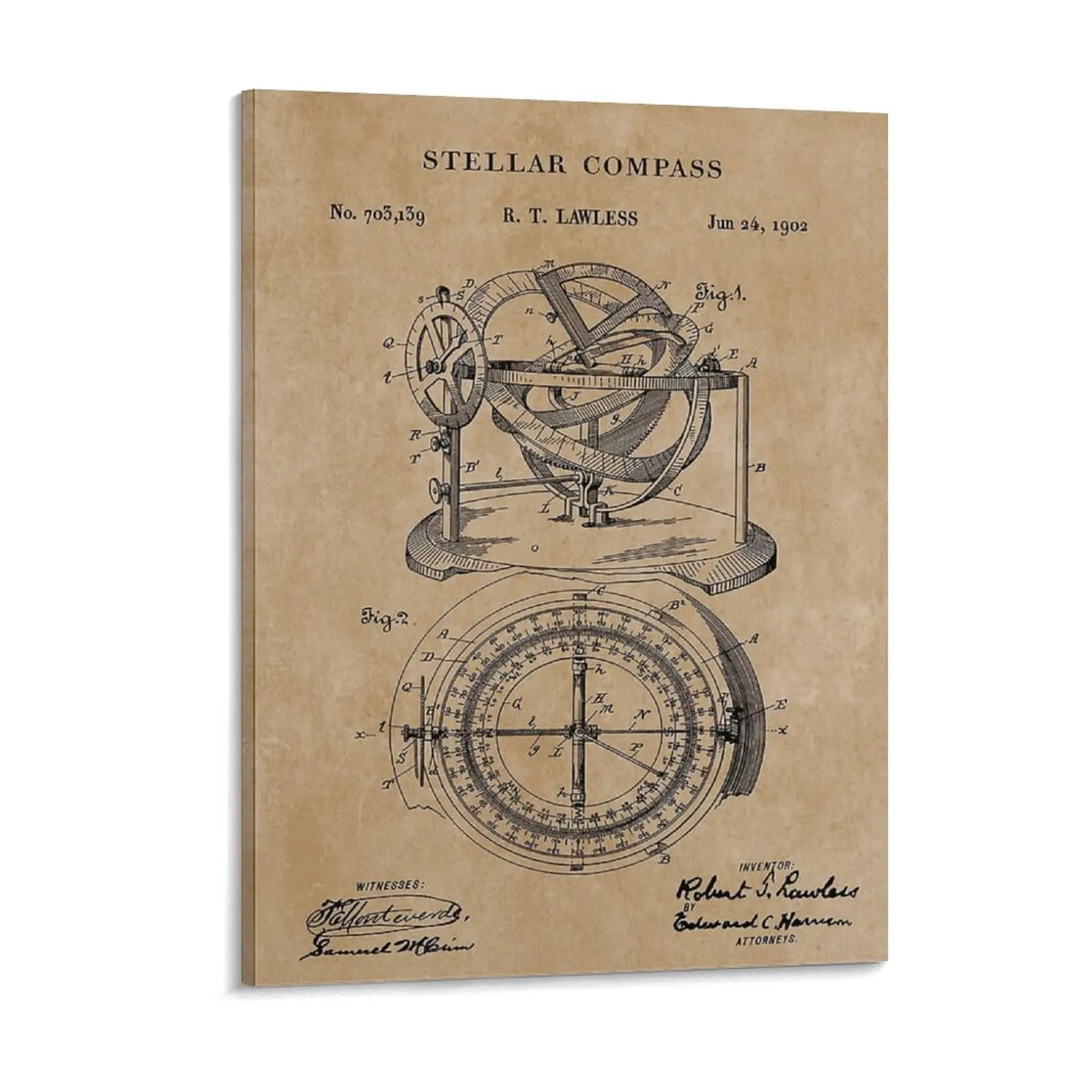 Patent Blueprint 1902 Stellar Nautical Compass Canvas Painting Design Living Room Classic Framed Wall Paintings