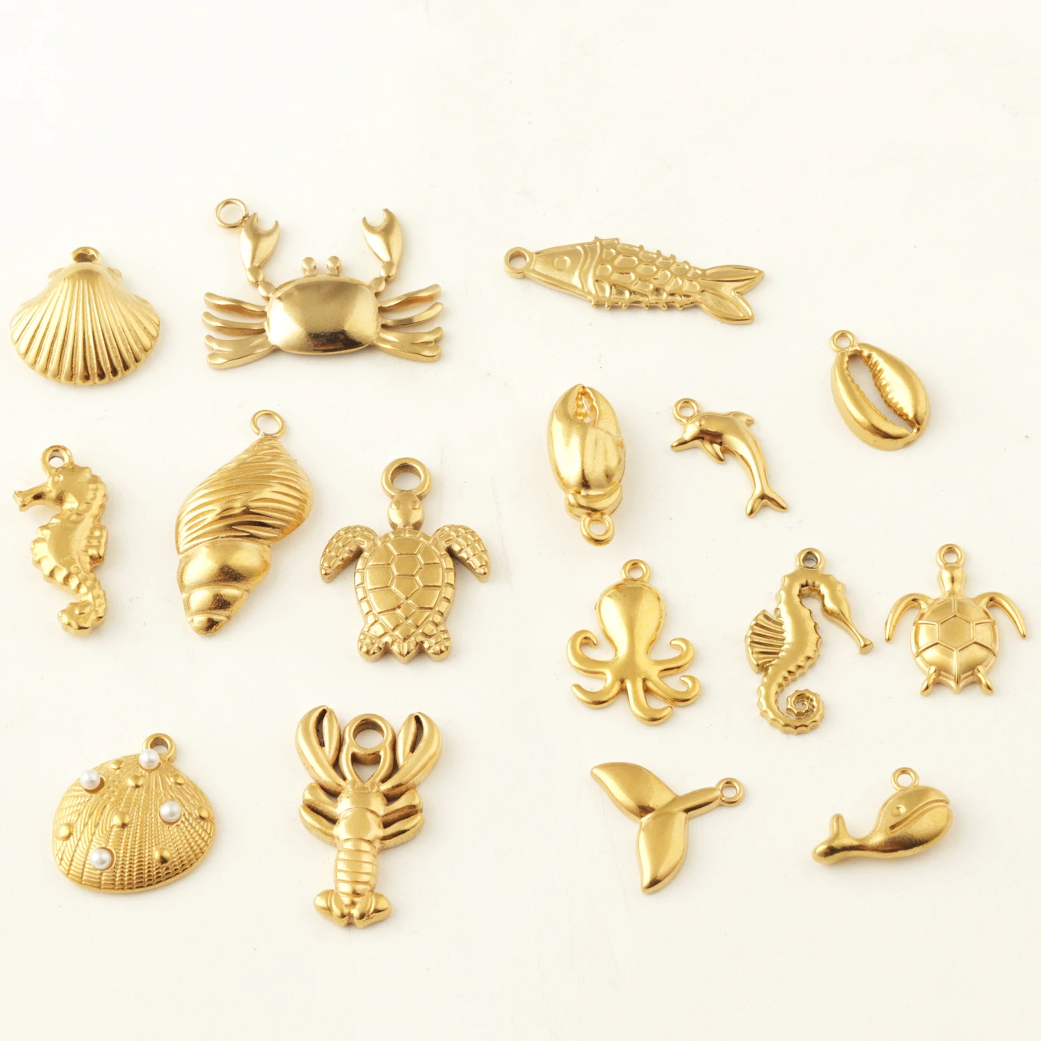 2pcs/lot Stainless Steel PVD Plated Summer Marine Life Fish Crab Conch Cowry Animal Charm Pendant for DIY Jewelry Making Crafts