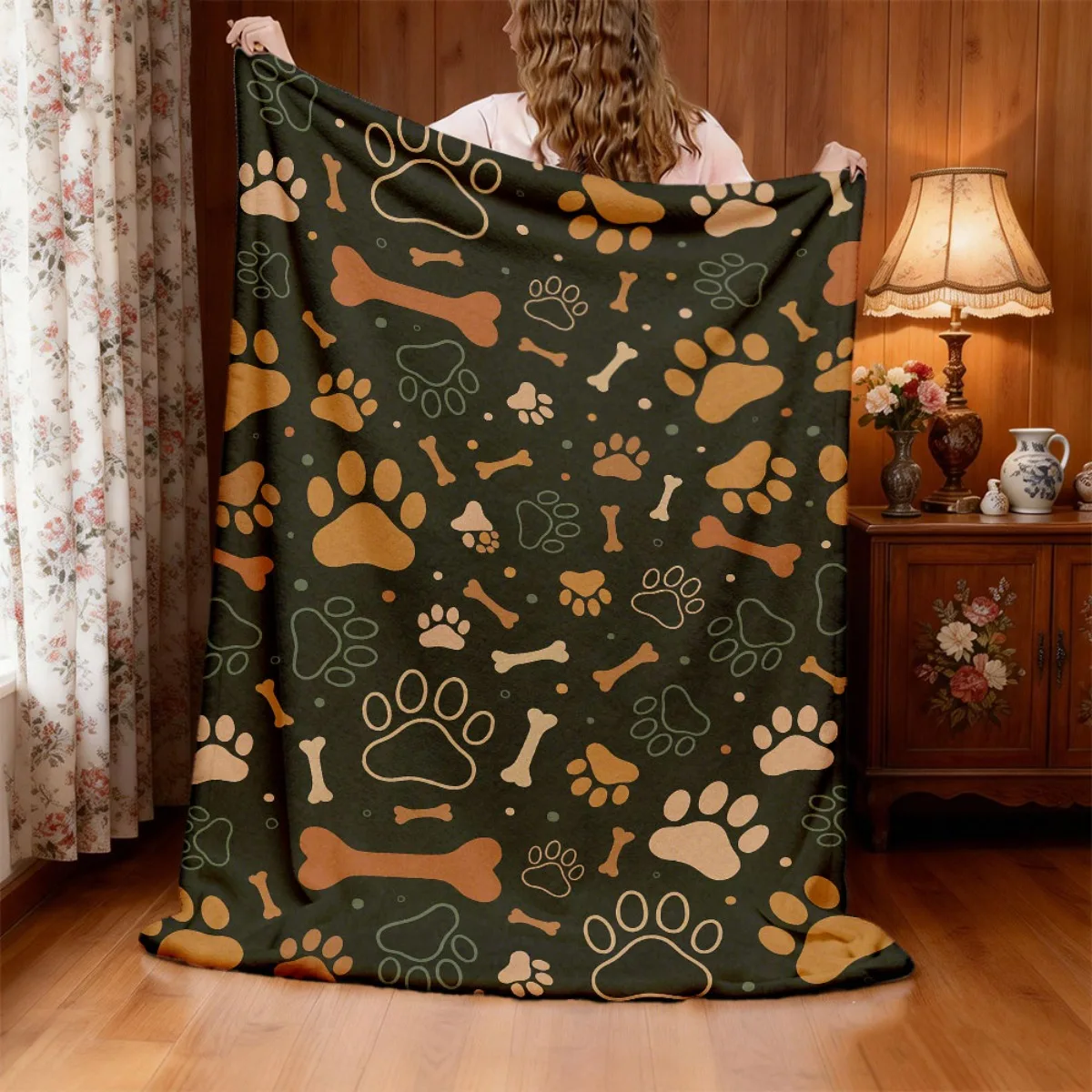 Quick Arrival Dog Bone and Paw Print Flannel Blanket, Ultra Soft & Comfortable, Lightweight & Durable Ideal for Sofa, Bed, Trave