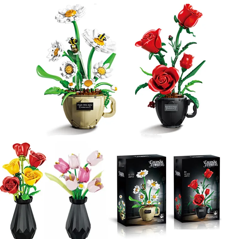 

Simulation Flower Potted Building Blocks Set With Vase Plant Bouquet Daisy/Tulips/Roses Decoration Toys Bricks Girl Holiday Gift
