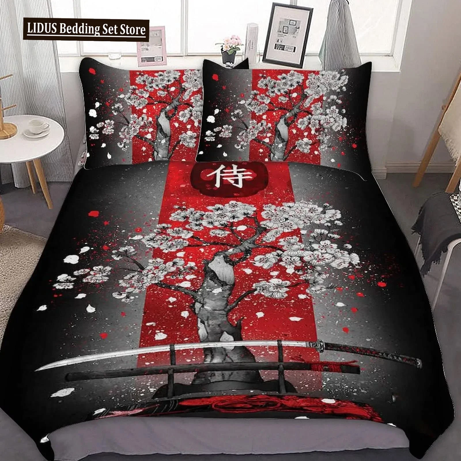 Japanese Black White Ink Style Samurai Sword Red Sakura 3D Duvet Cover Set Queen Size Bushido Culture Bedding Set Comforter Set