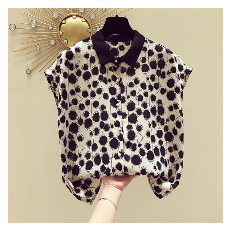 Woman Summer Style Blouses Tops Lady Casual Short Batwing Sleeve Peter Pan Collar Polka Dot Printed Blusas Tops ZZ1392