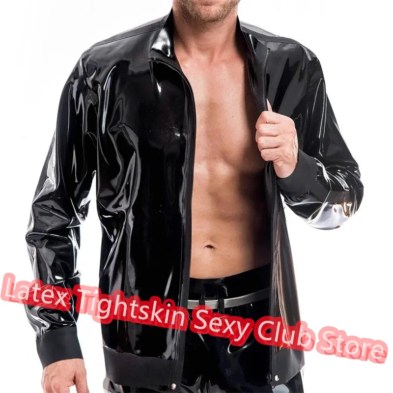 

Handmade Latex Men Long Sleeve Top Latex T-shirt with Front Zip Rubber Suit Cosplay Costume