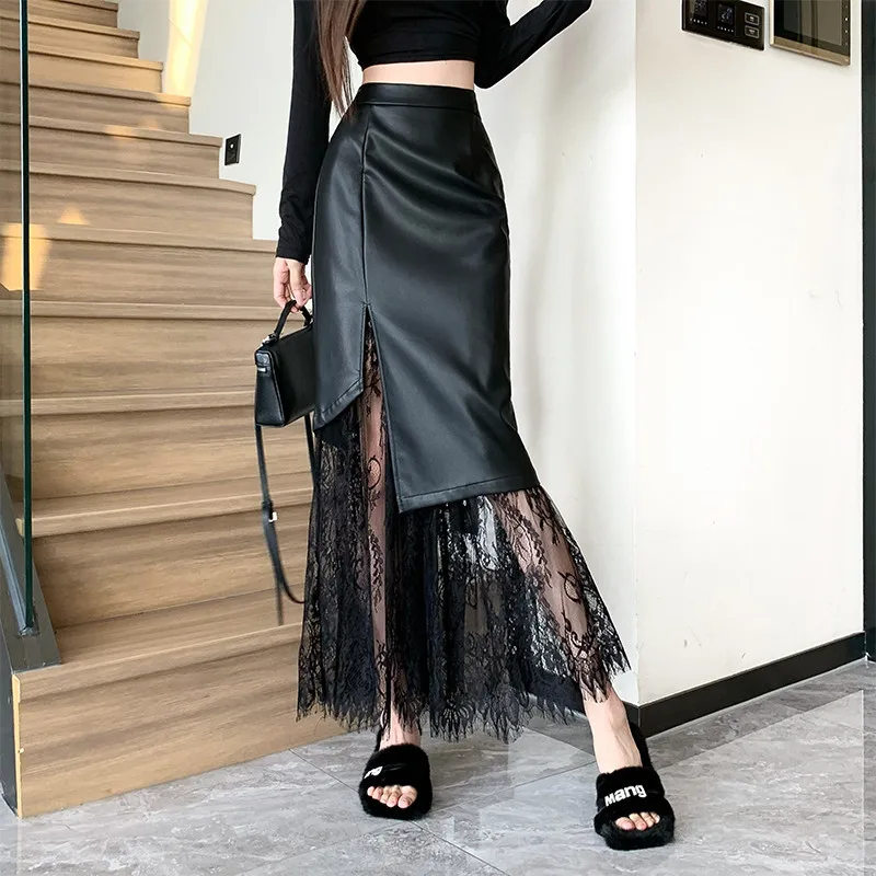 

French design irregular lace lace skirt 2024 new fashionable leather skirt harajuku faldas mujer moda 2022