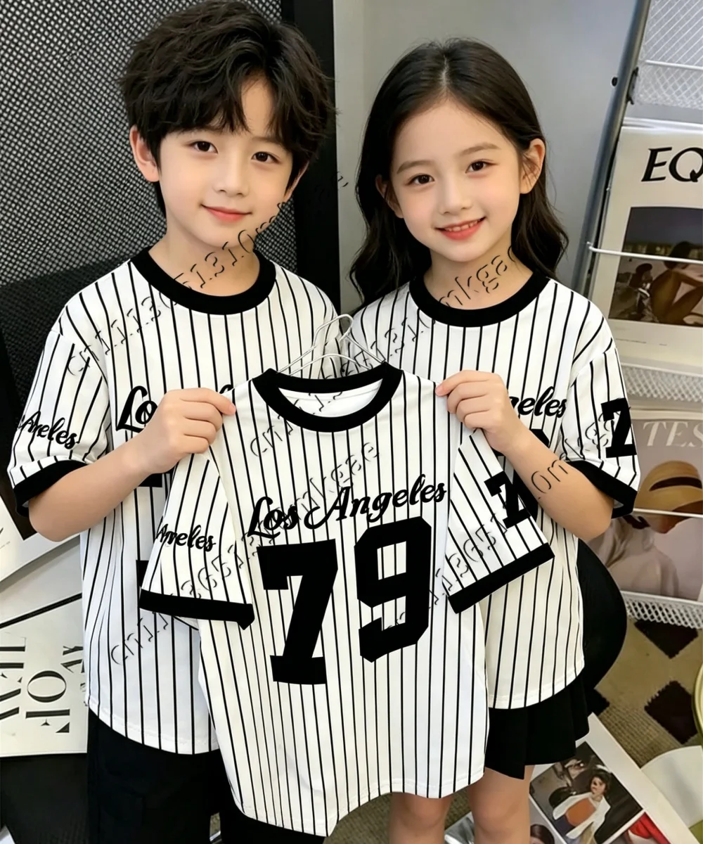 Vintage Black White Vertical Stripe 79 Letter Graphic Tshirt Unisex Baseball Jersey Short Sleeve Street Style Daily Basic Tees